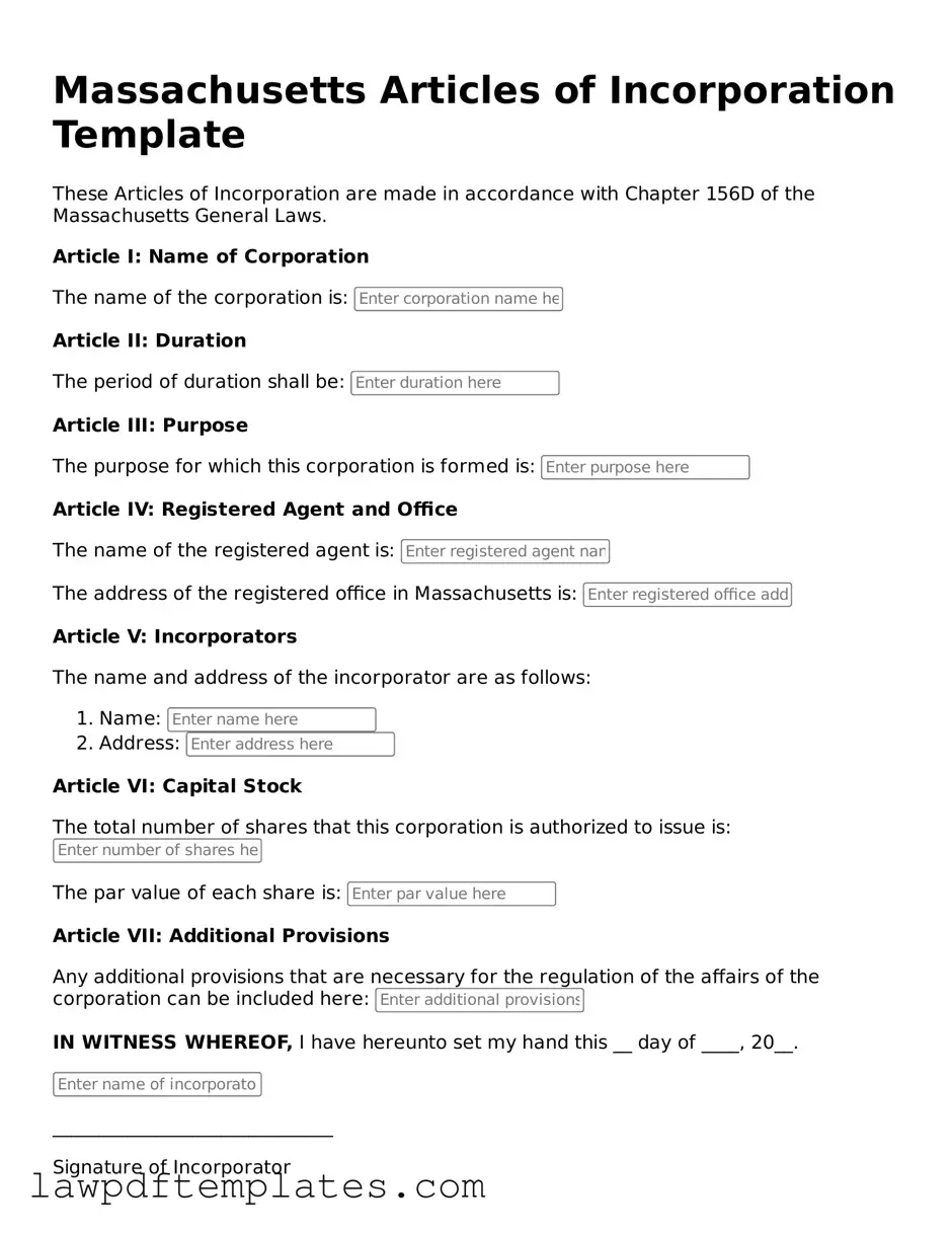 Free Articles of Incorporation Template for the State of Massachusetts