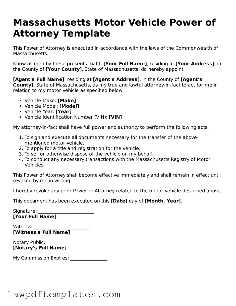 Free Motor Vehicle Power of Attorney Template for the State of Massachusetts