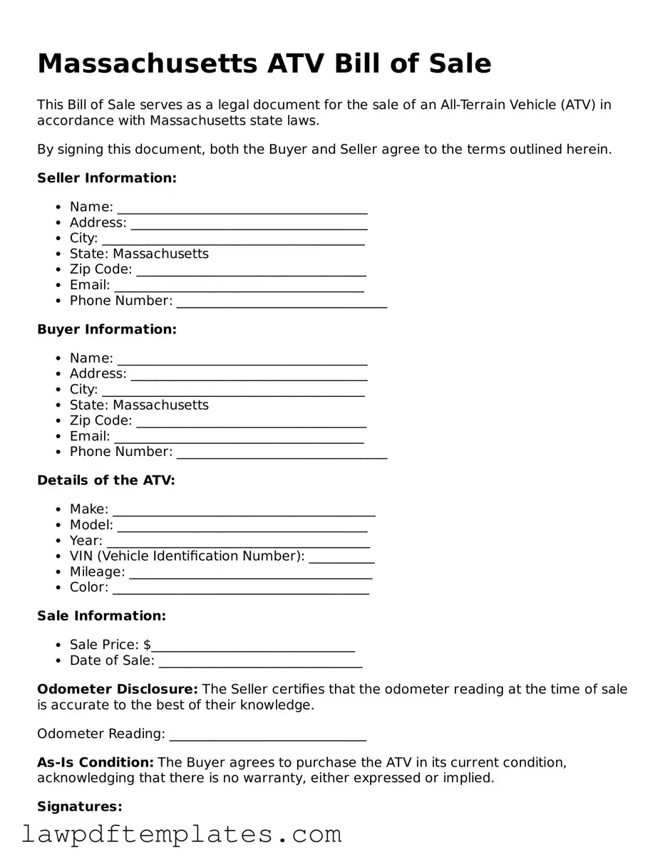 Free ATV Bill of Sale Template for the State of Massachusetts