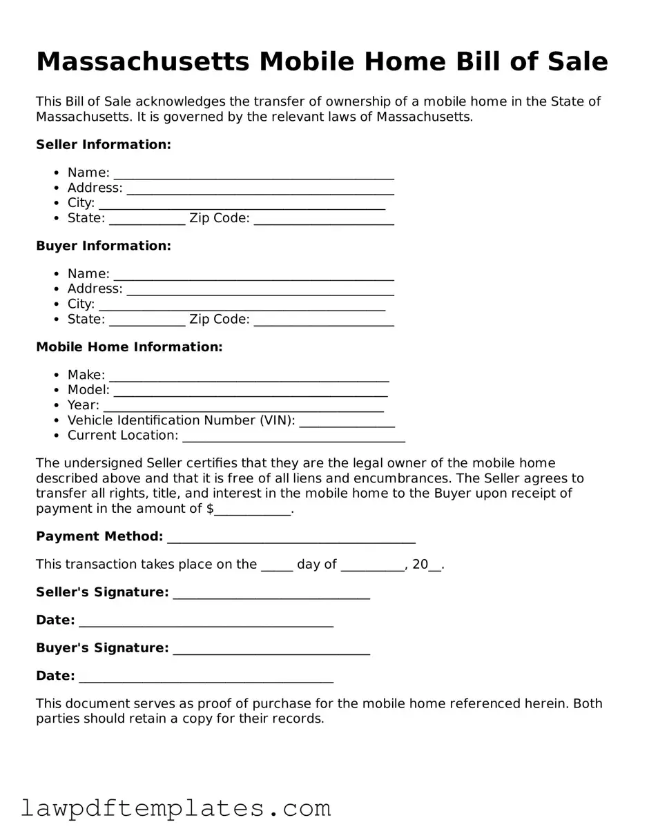 Free Mobile Home Bill of Sale Template for the State of Massachusetts