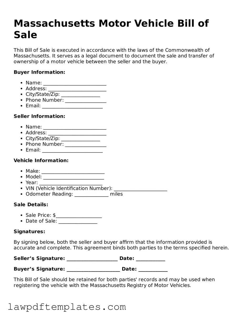 Free Motor Vehicle Bill of Sale Template for the State of Massachusetts