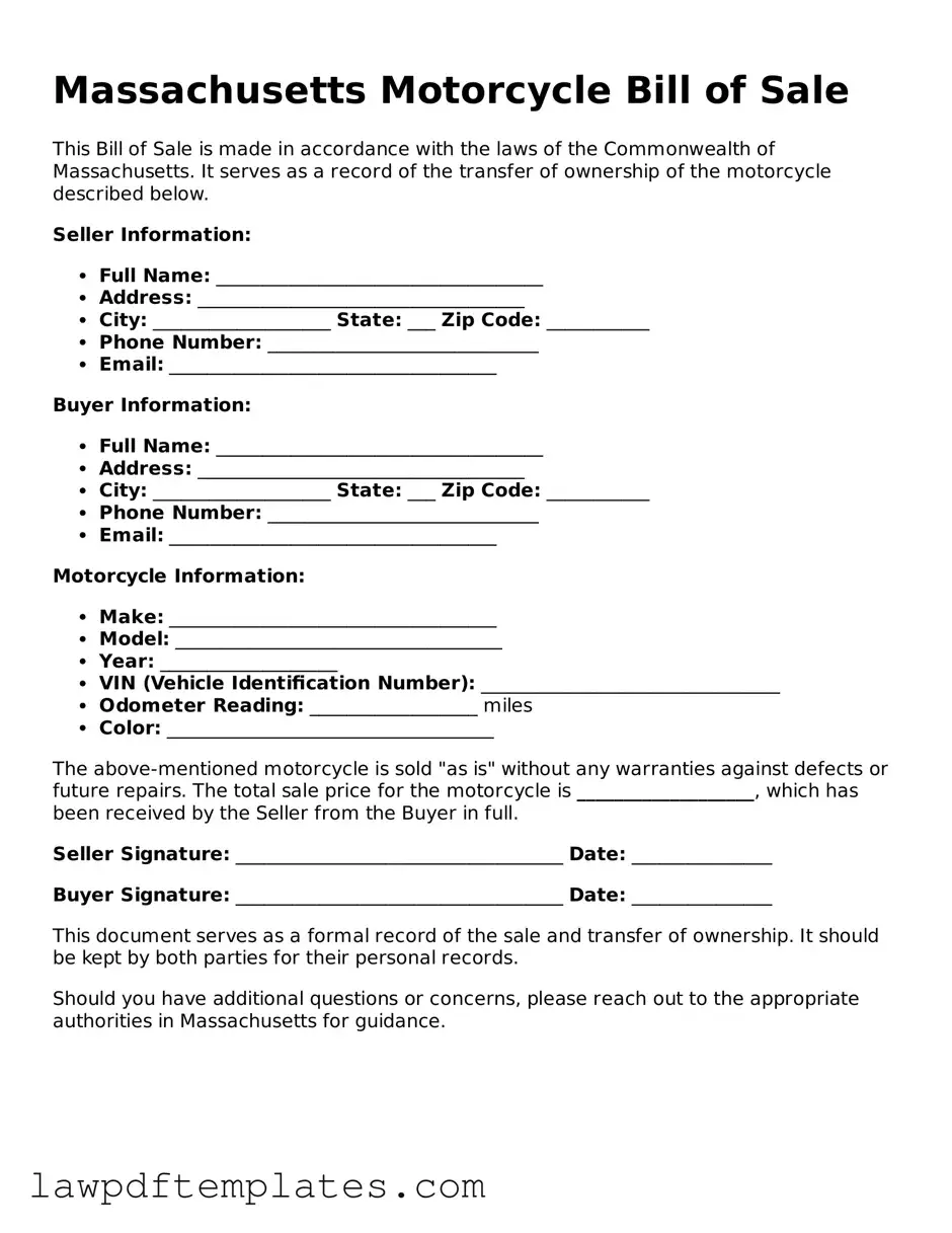 Free Motorcycle Bill of Sale Template for the State of Massachusetts