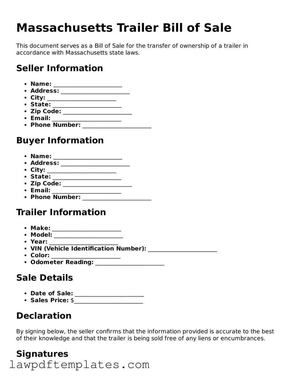 Free Trailer Bill of Sale Template for the State of Massachusetts