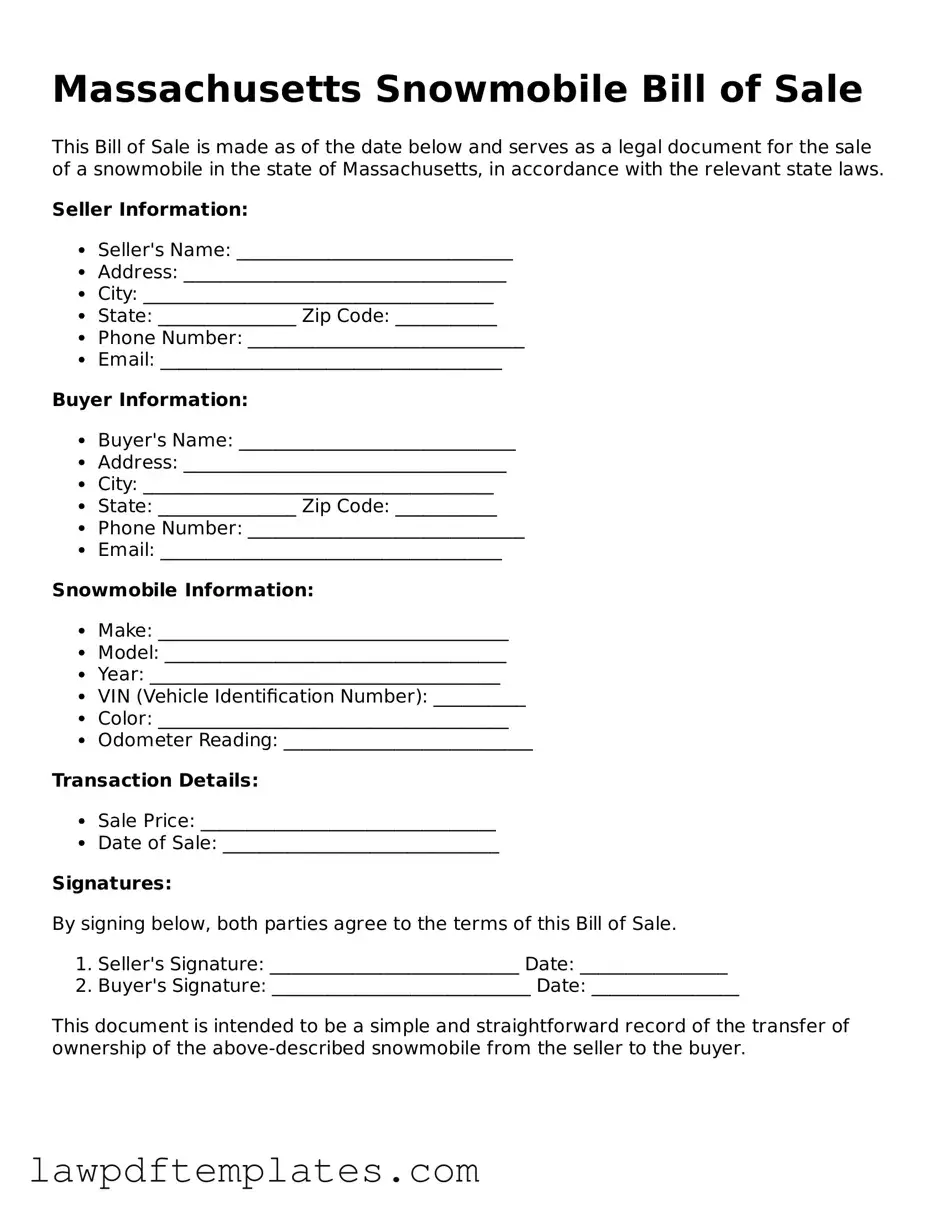 Free Snowmobile Bill of Sale Template for the State of Massachusetts