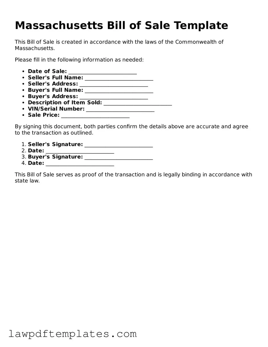 Free Bill of Sale Template for the State of Massachusetts