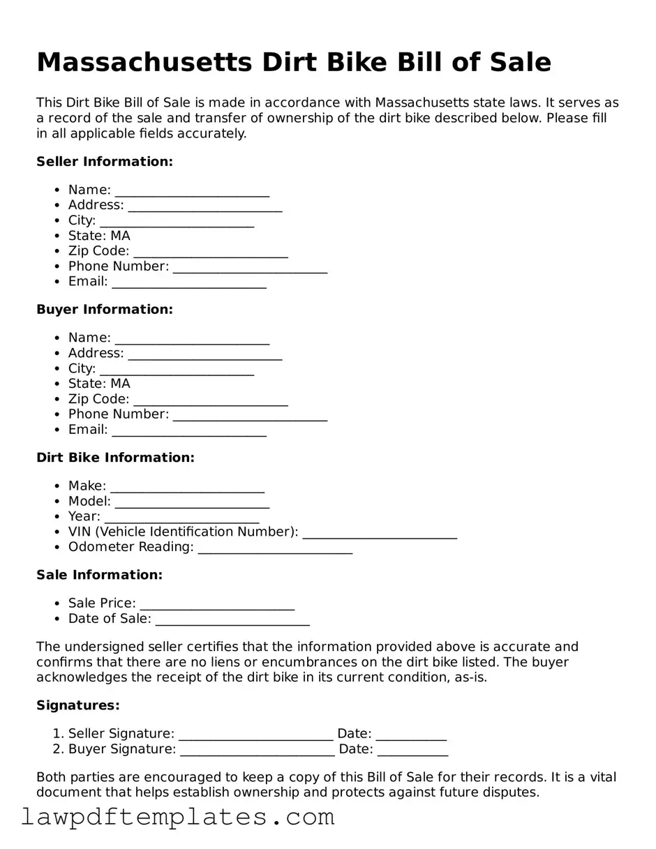 Free Dirt Bike Bill of Sale Template for the State of Massachusetts