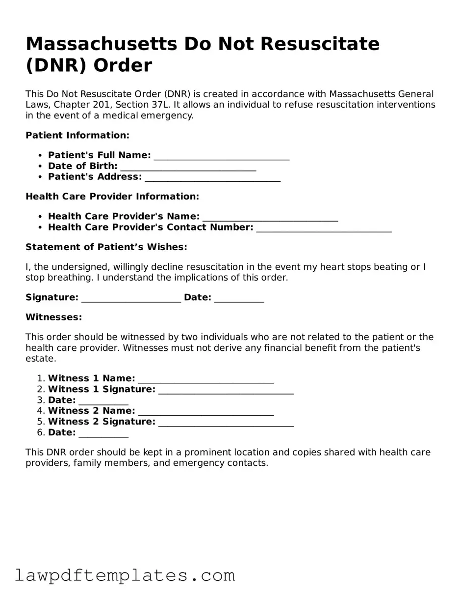 Free Do Not Resuscitate Order Template for the State of Massachusetts