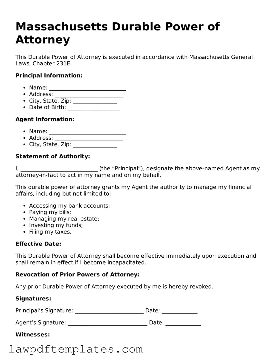 Free Durable Power of Attorney Template for the State of Massachusetts