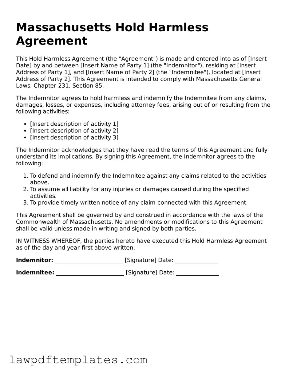 Free Hold Harmless Agreement Template for the State of Massachusetts