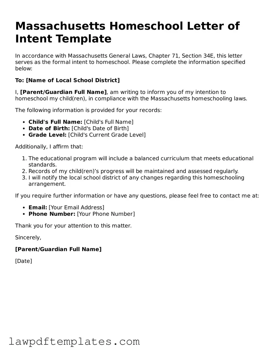 Free Homeschool Letter of Intent Template for the State of Massachusetts