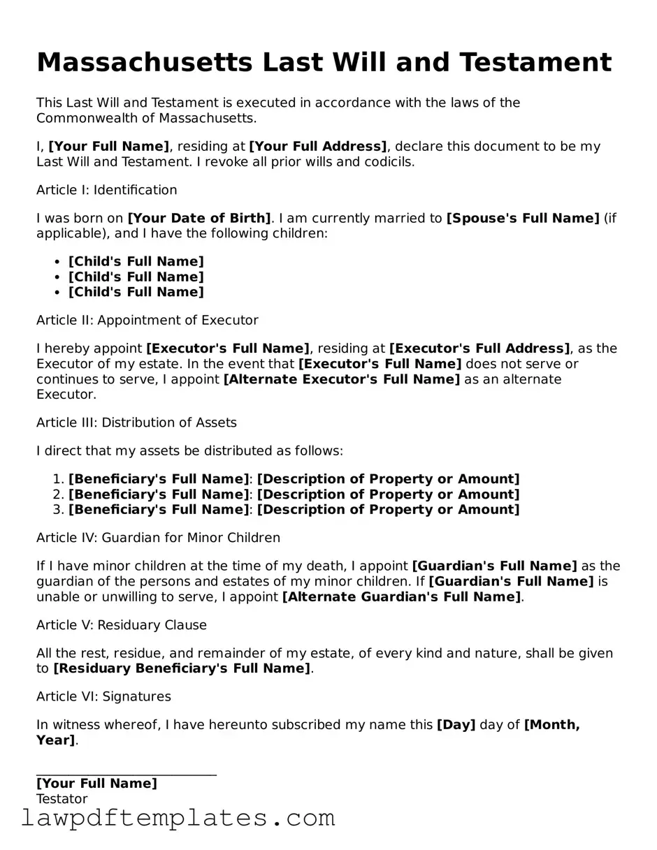 Free Last Will and Testament Template for the State of Massachusetts