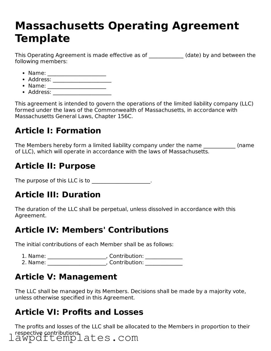 Free Operating Agreement Template for the State of Massachusetts