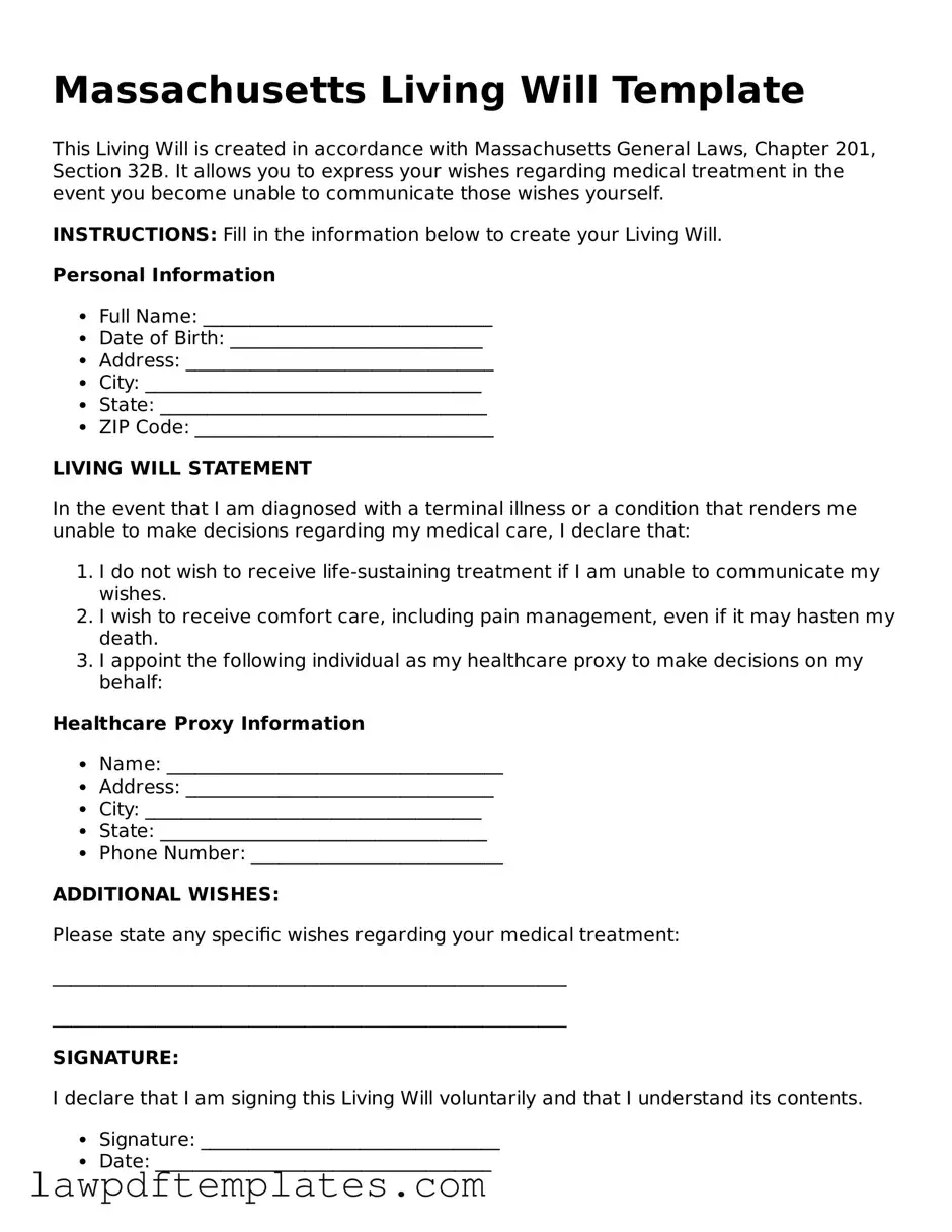 Free Living Will Template for the State of Massachusetts