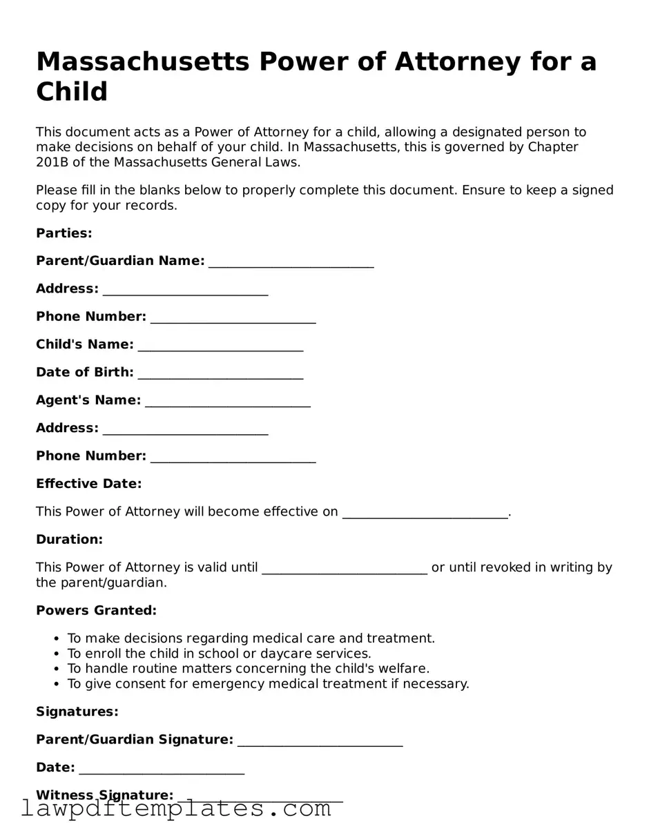 Free Power of Attorney for a Child Template for the State of Massachusetts