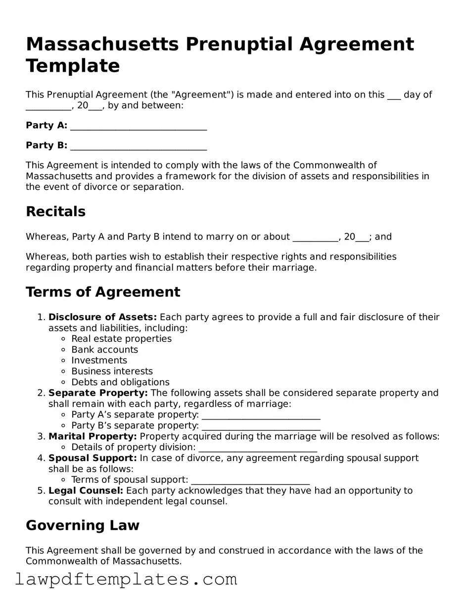 Free Prenuptial Agreement Template for the State of Massachusetts