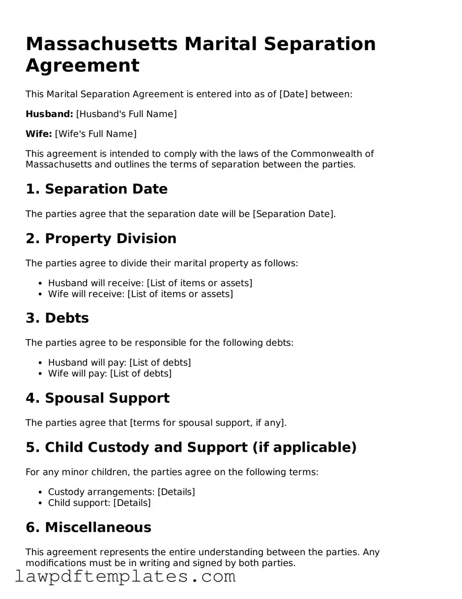 Free Marital Separation Agreement Template for the State of Massachusetts