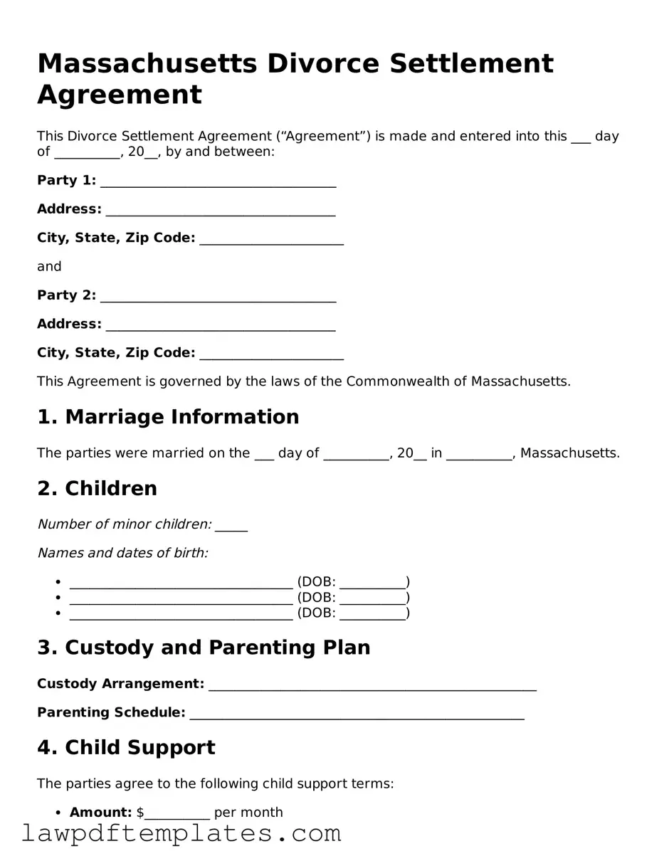 Free Divorce Settlement Agreement Template for the State of Massachusetts