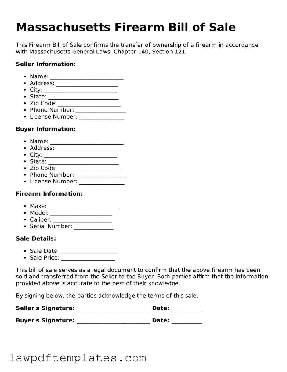 Free Firearm Bill of Sale Template for the State of Massachusetts