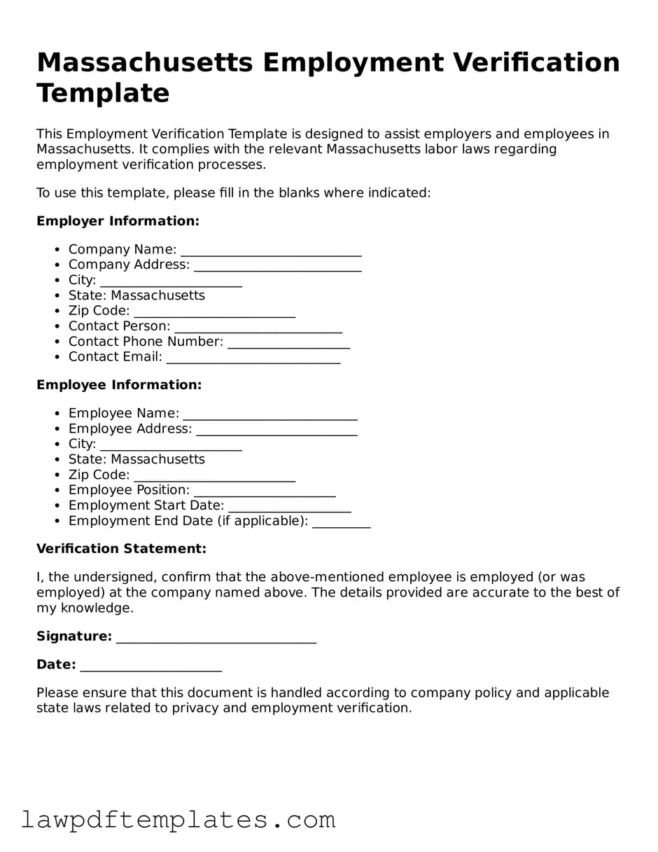 Free Employment Verification Template for the State of Massachusetts