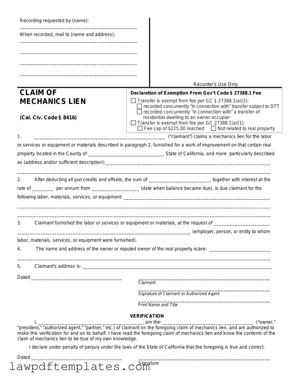 Fillable Mechanics Lien California Template