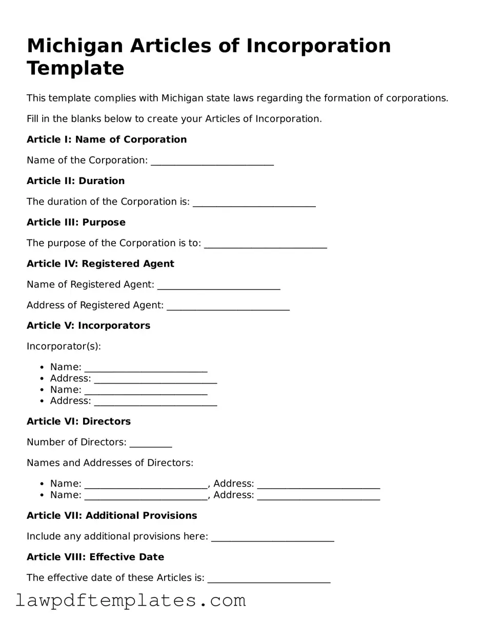 Free Articles of Incorporation Template for the State of Michigan