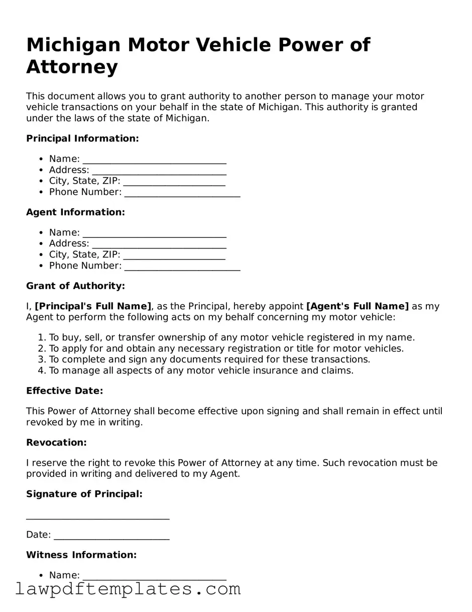 Free Motor Vehicle Power of Attorney Template for the State of Michigan