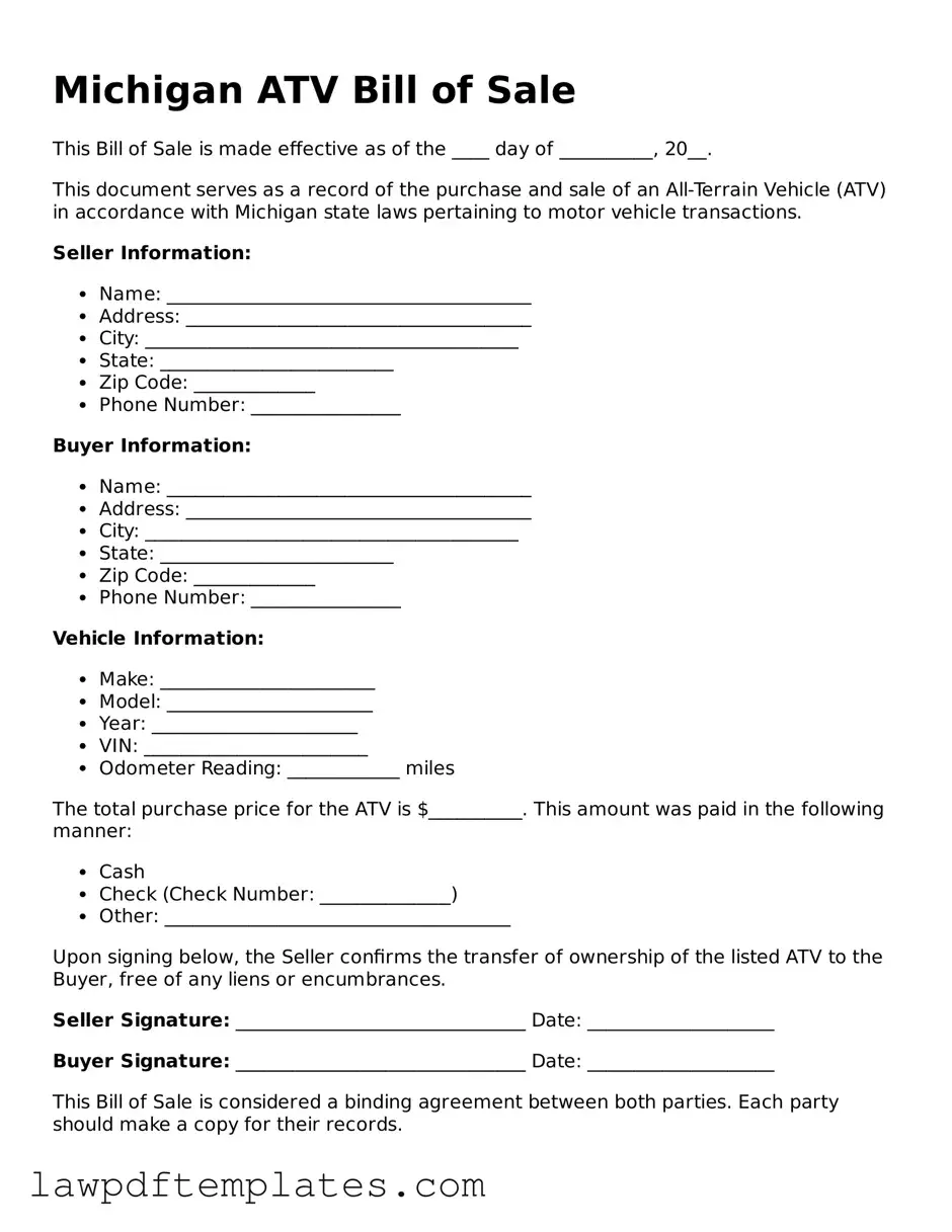 Free ATV Bill of Sale Template for the State of Michigan