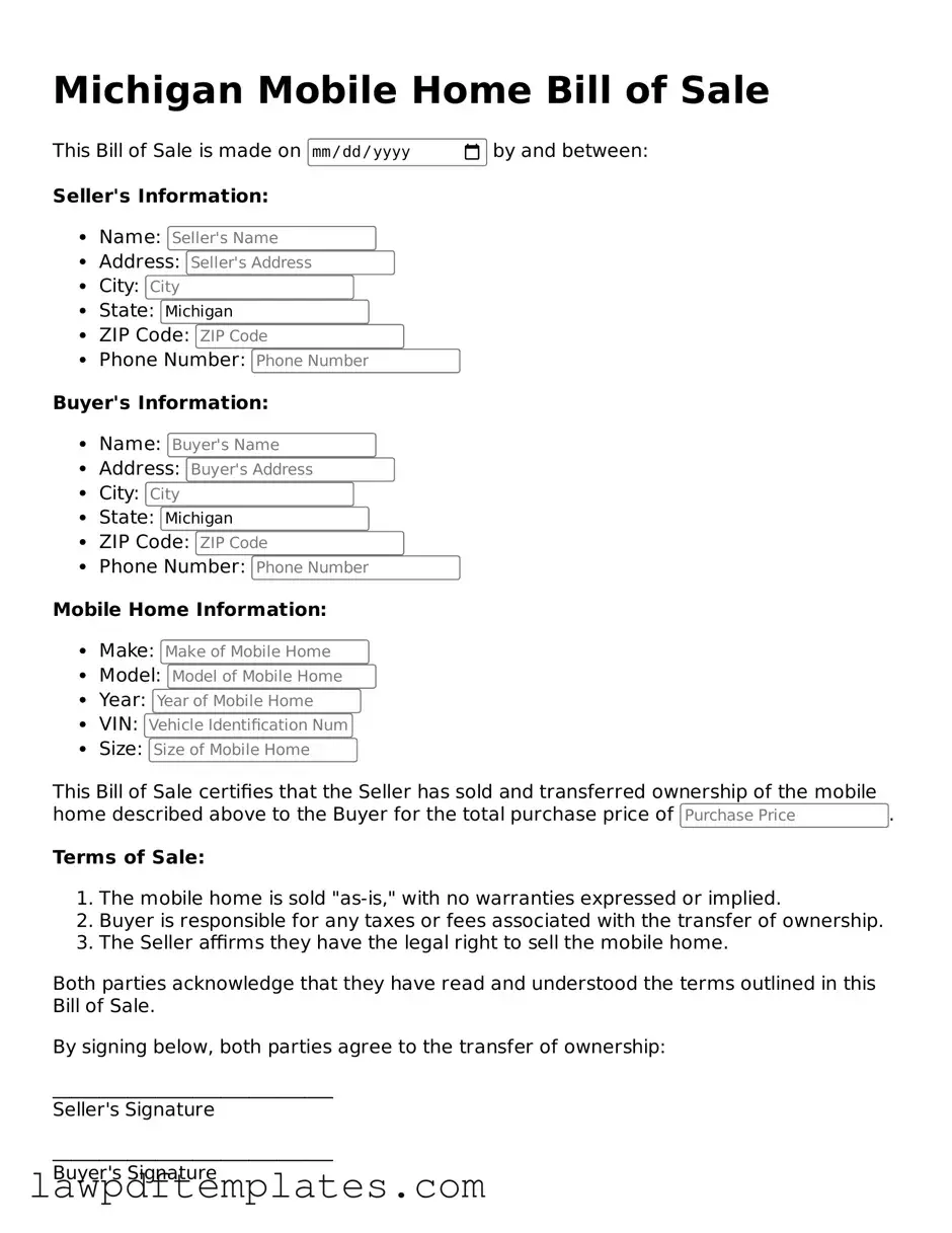 Free Mobile Home Bill of Sale Template for the State of Michigan