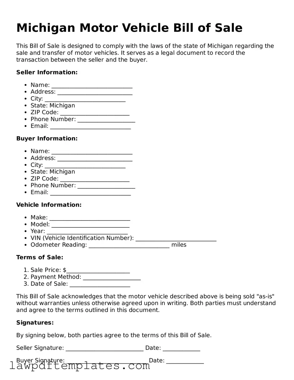 Free Motor Vehicle Bill of Sale Template for the State of Michigan