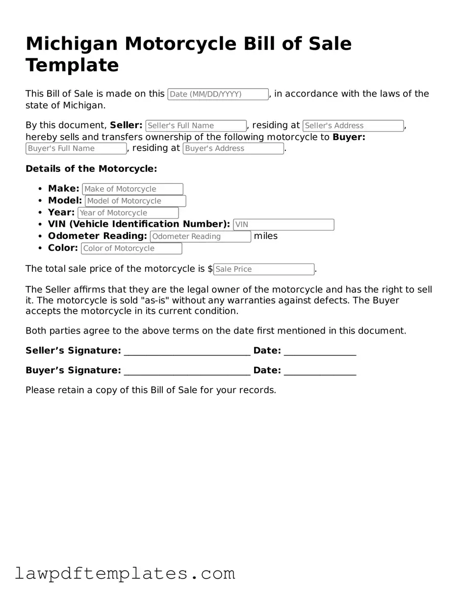 Free Motorcycle Bill of Sale Template for the State of Michigan