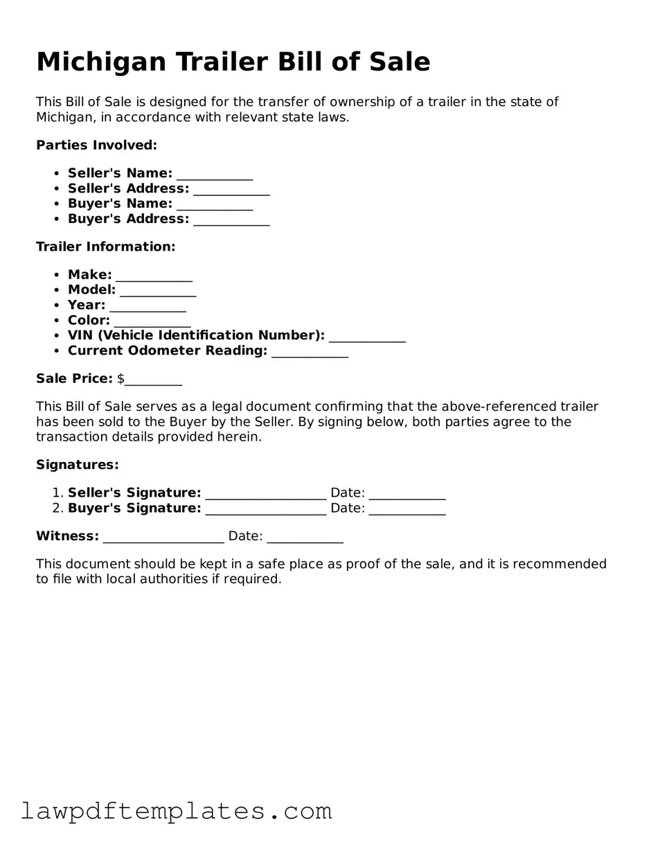 Free Trailer Bill of Sale Template for the State of Michigan