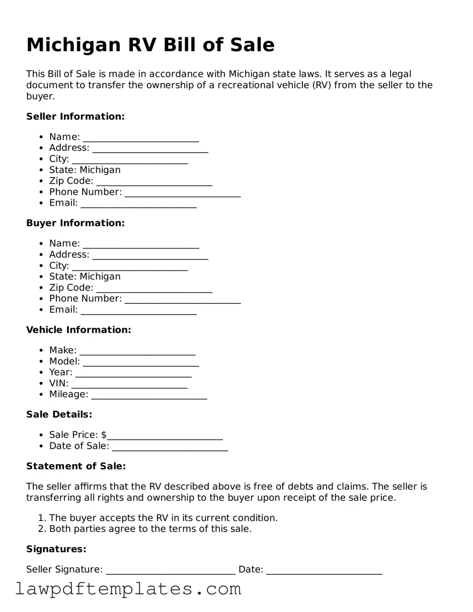 Free RV Bill of Sale Template for the State of Michigan