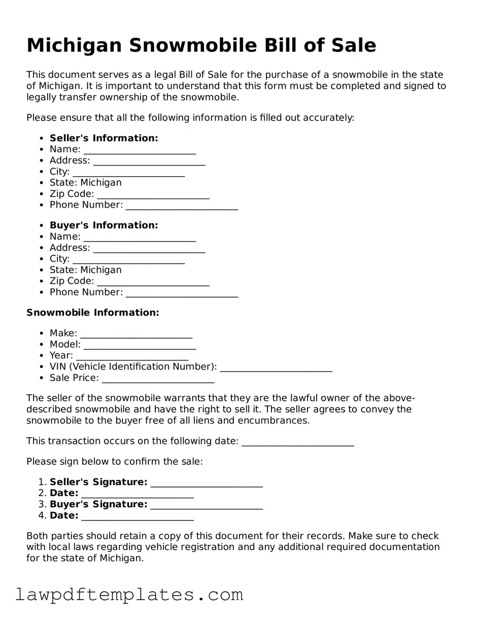Free Snowmobile Bill of Sale Template for the State of Michigan