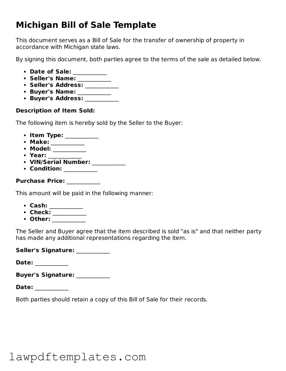 Free Bill of Sale Template for the State of Michigan