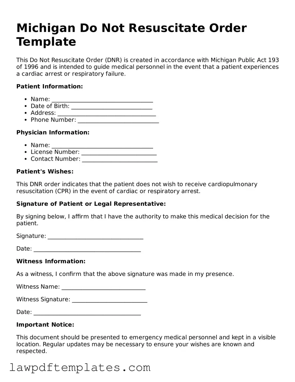 Free Do Not Resuscitate Order Template for the State of Michigan