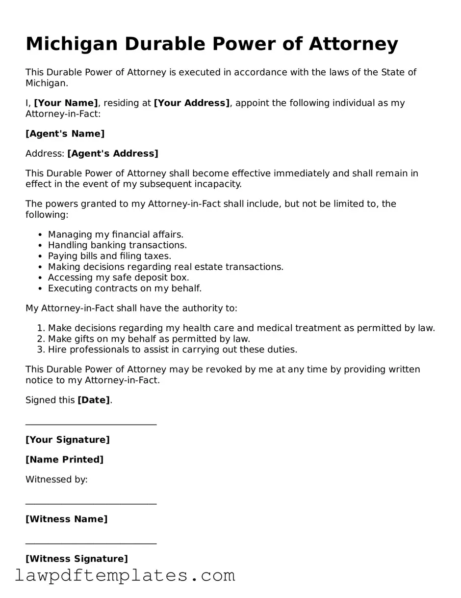 Free Durable Power of Attorney Template for the State of Michigan