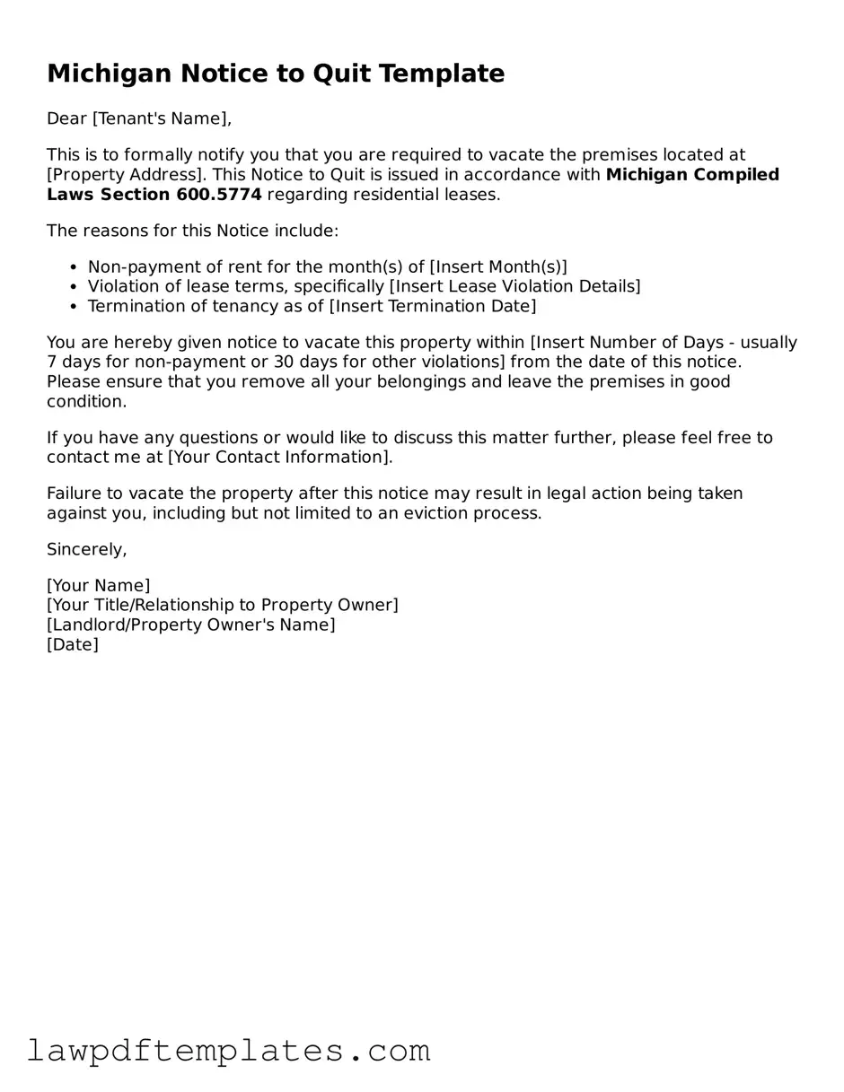 Free Notice to Quit Template for the State of Michigan