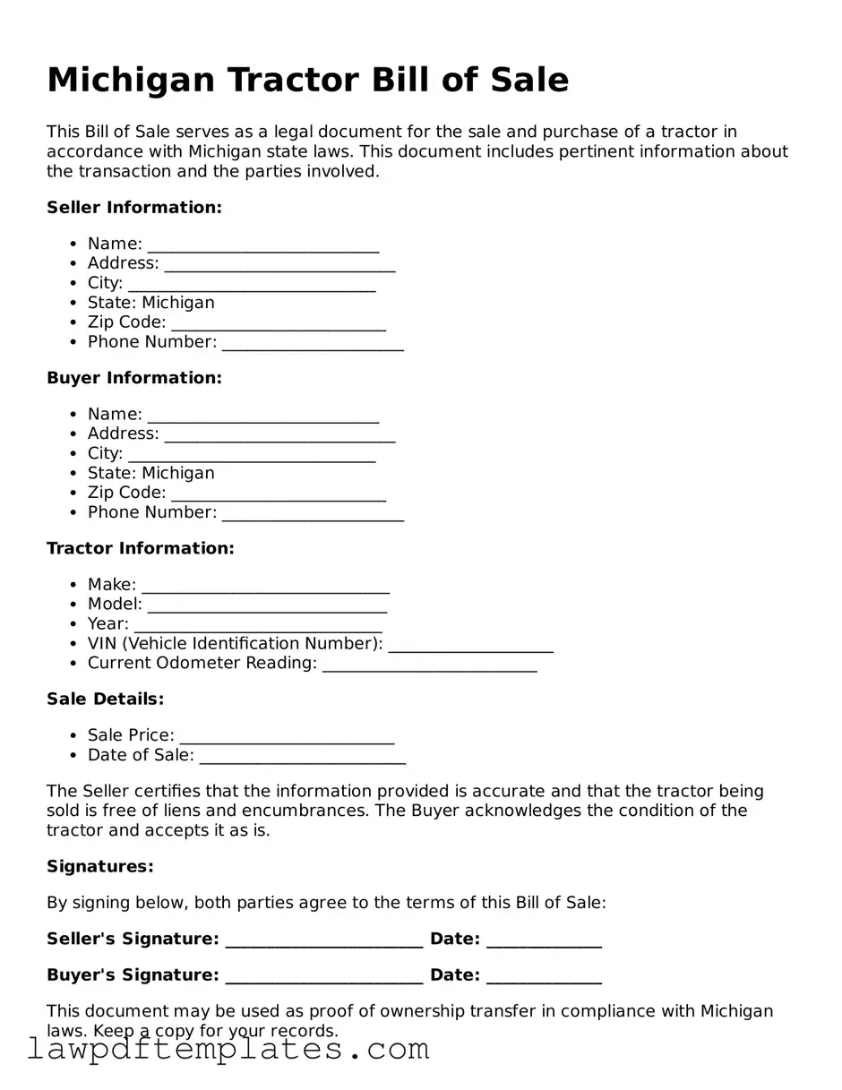 Free Tractor Bill of Sale Template for the State of Michigan