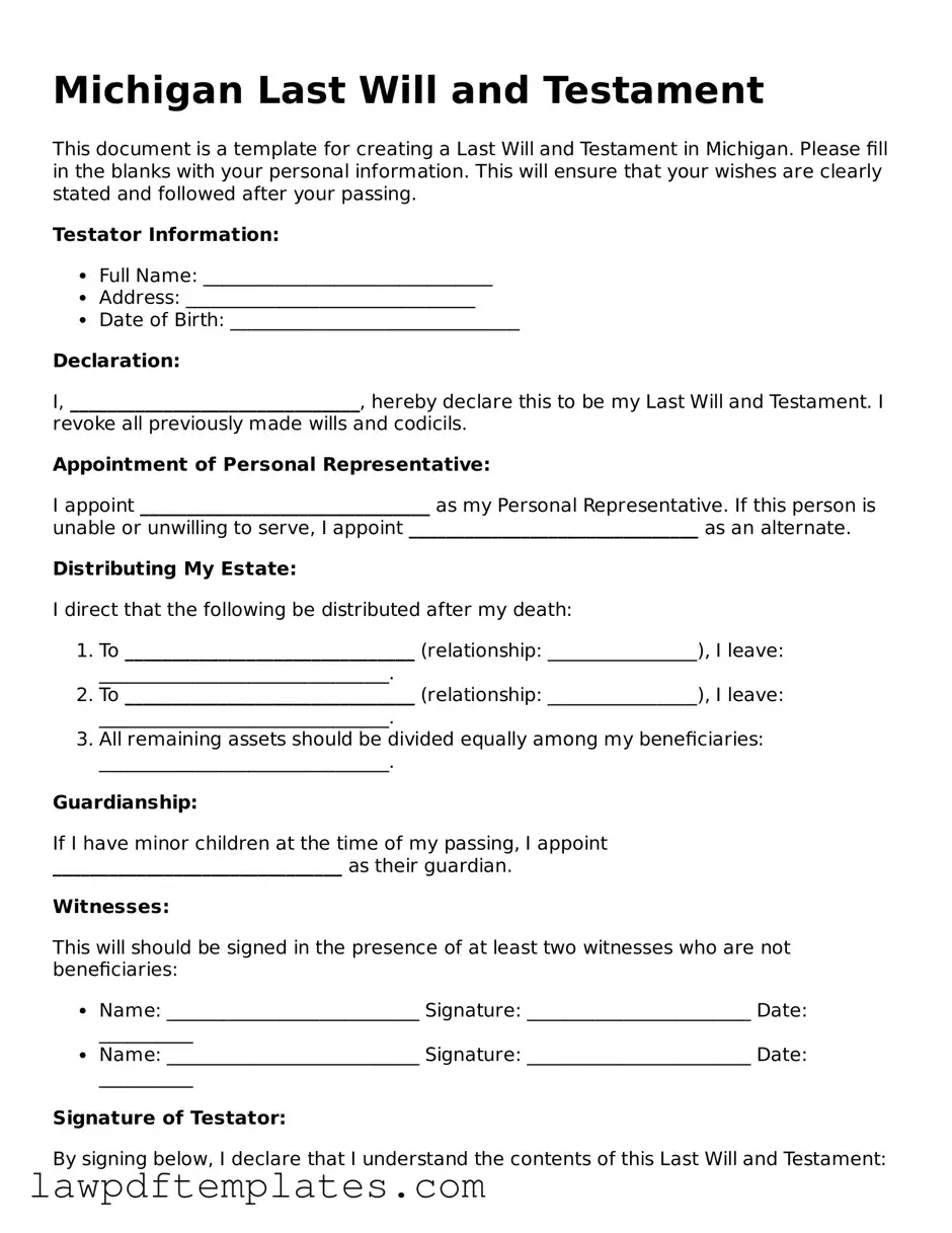 Free Last Will and Testament Template for the State of Michigan