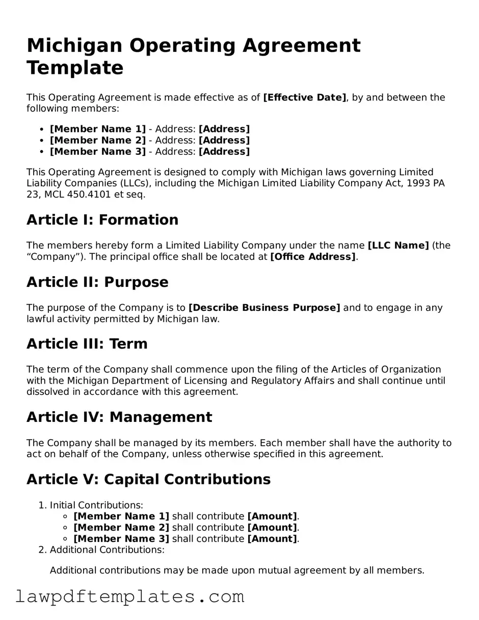 Free Operating Agreement Template for the State of Michigan
