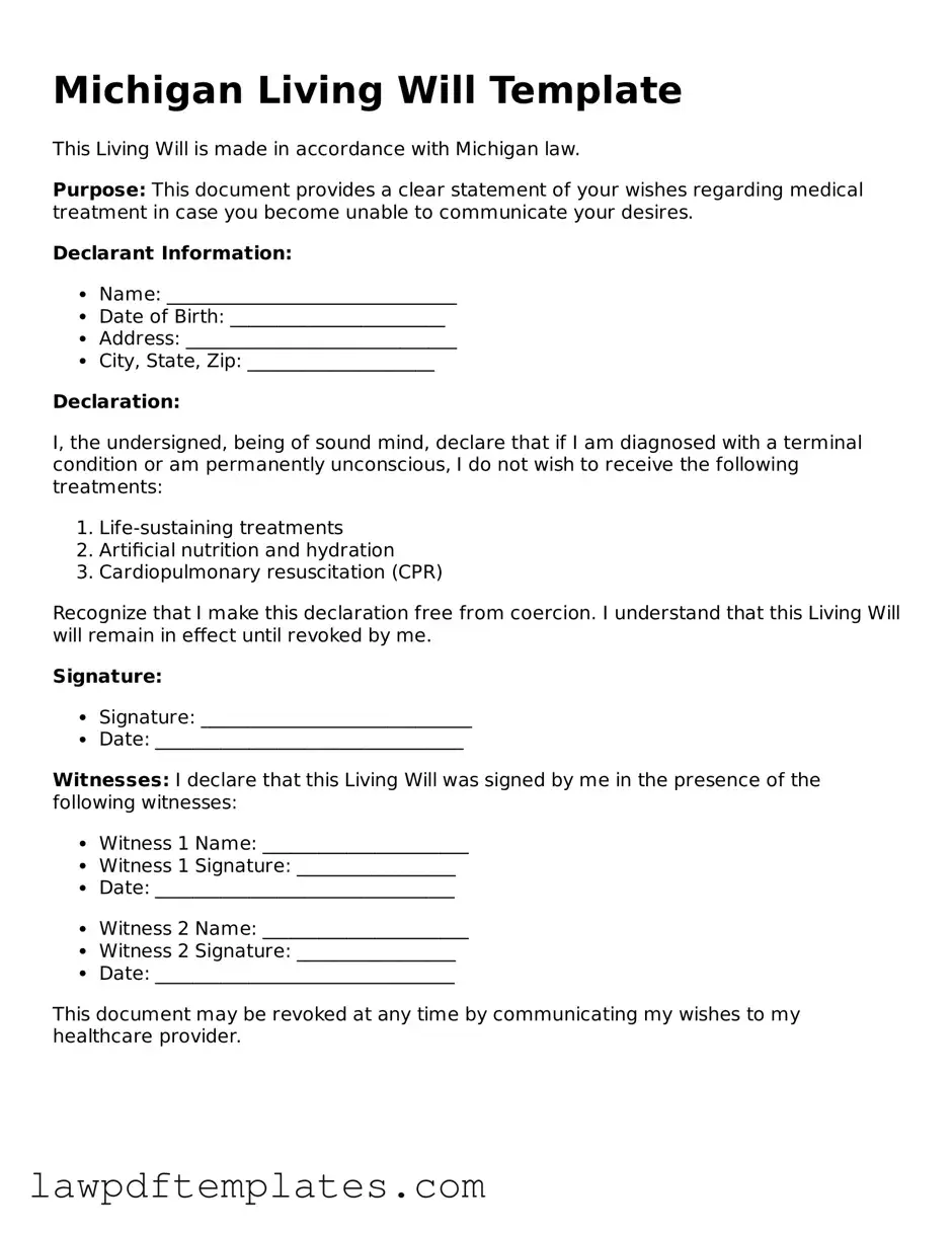 Free Living Will Template for the State of Michigan