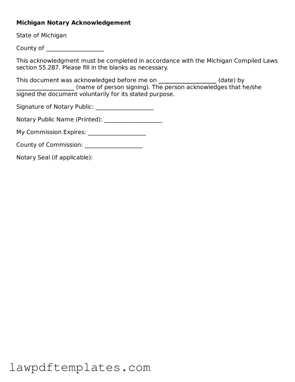 Free Notary Acknowledgement Template for the State of Michigan