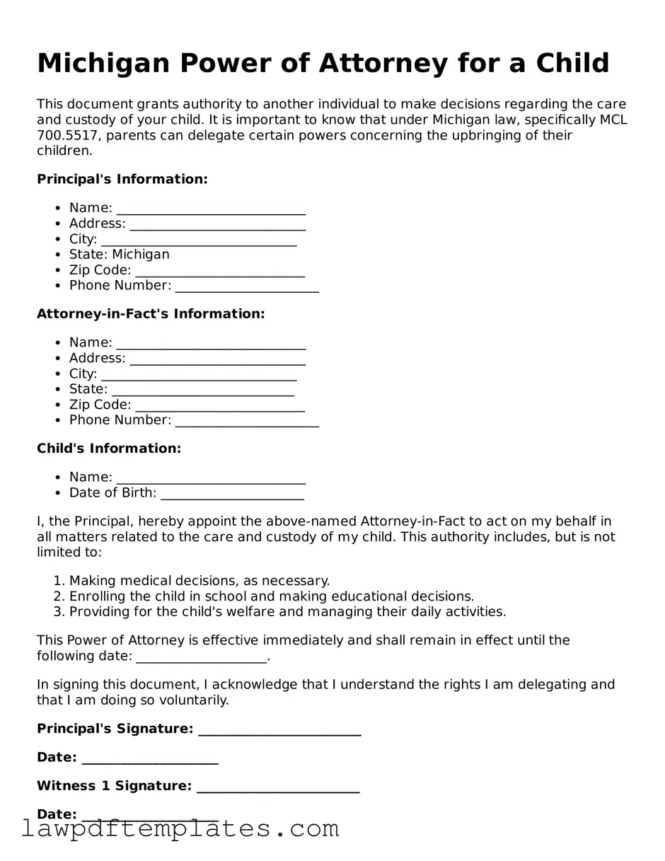 Free Power of Attorney for a Child Template for the State of Michigan
