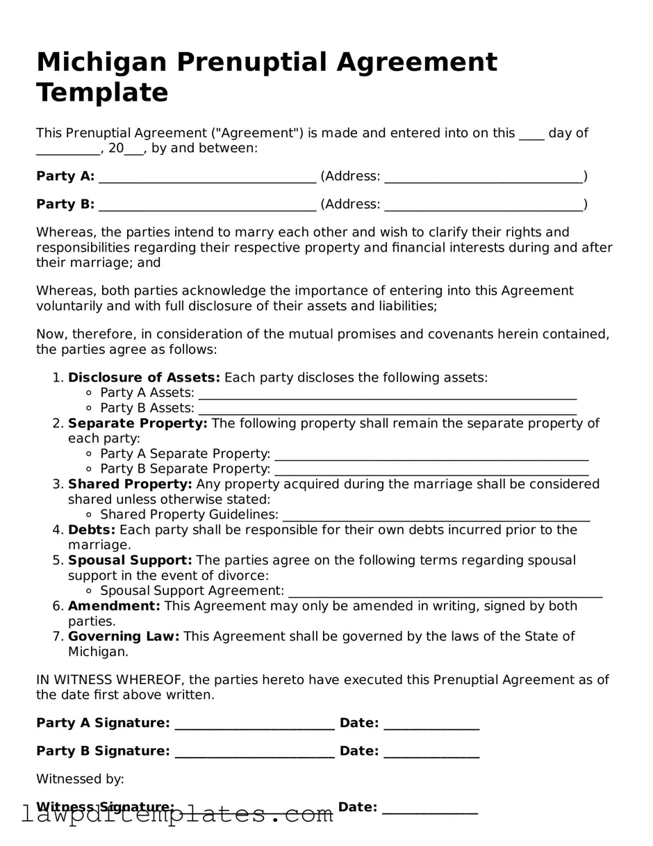 Free Prenuptial Agreement Template for the State of Michigan