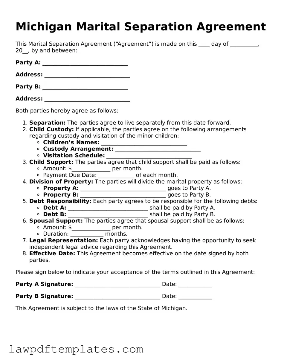 Free Marital Separation Agreement Template for the State of Michigan