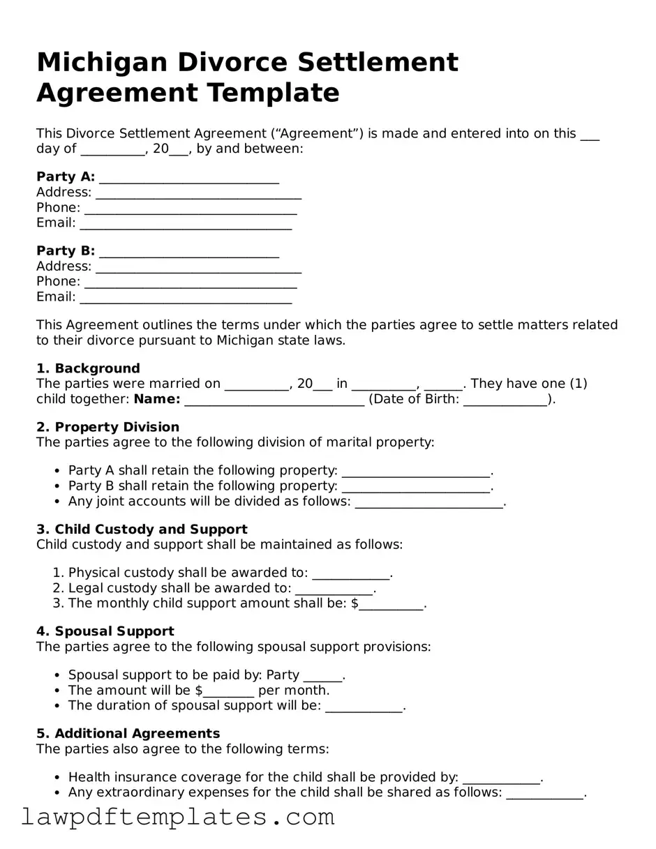 Free Divorce Settlement Agreement Template for the State of Michigan