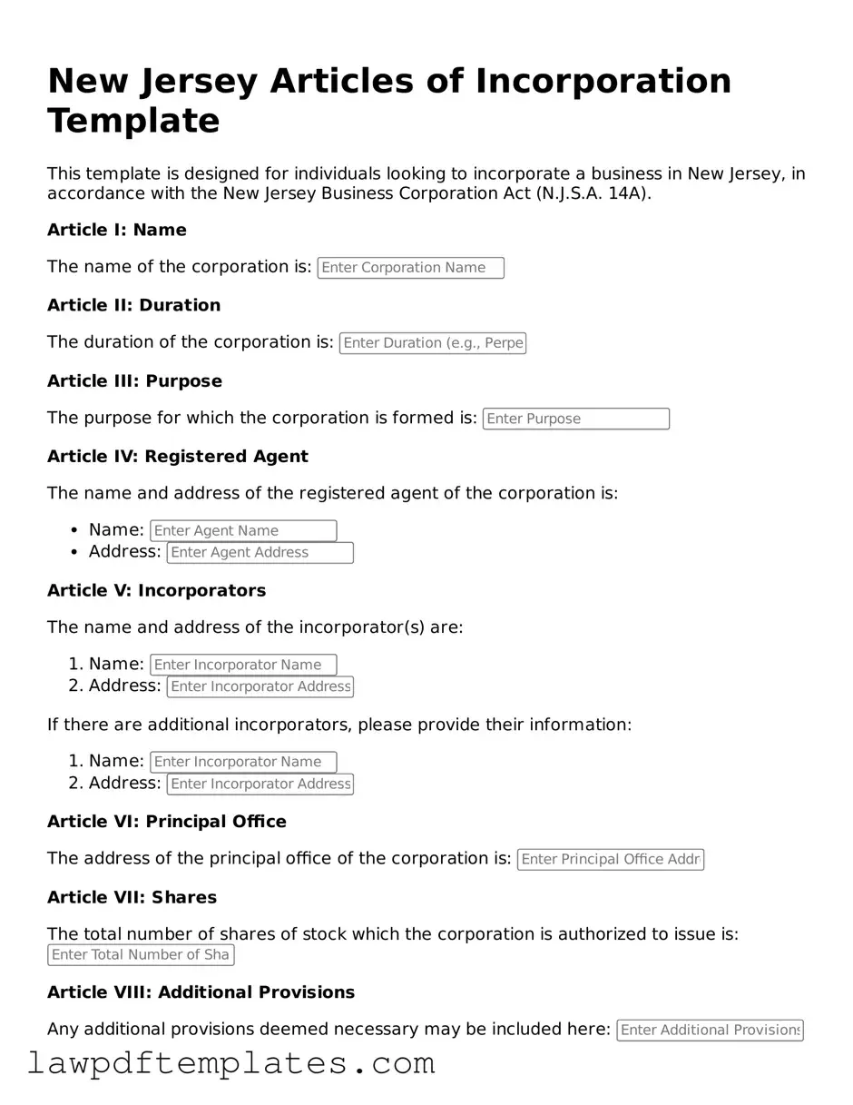 Free Articles of Incorporation Template for the State of New Jersey