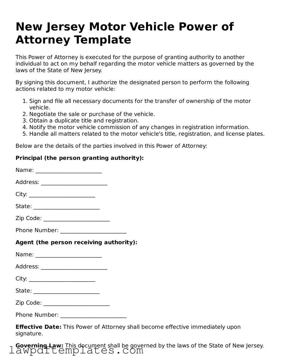 Free Motor Vehicle Power of Attorney Template for the State of New Jersey