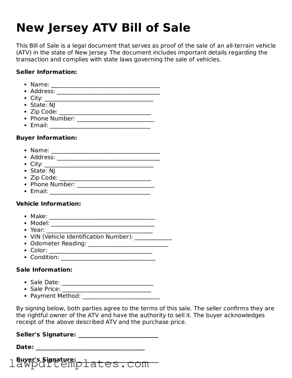 Free ATV Bill of Sale Template for the State of New Jersey
