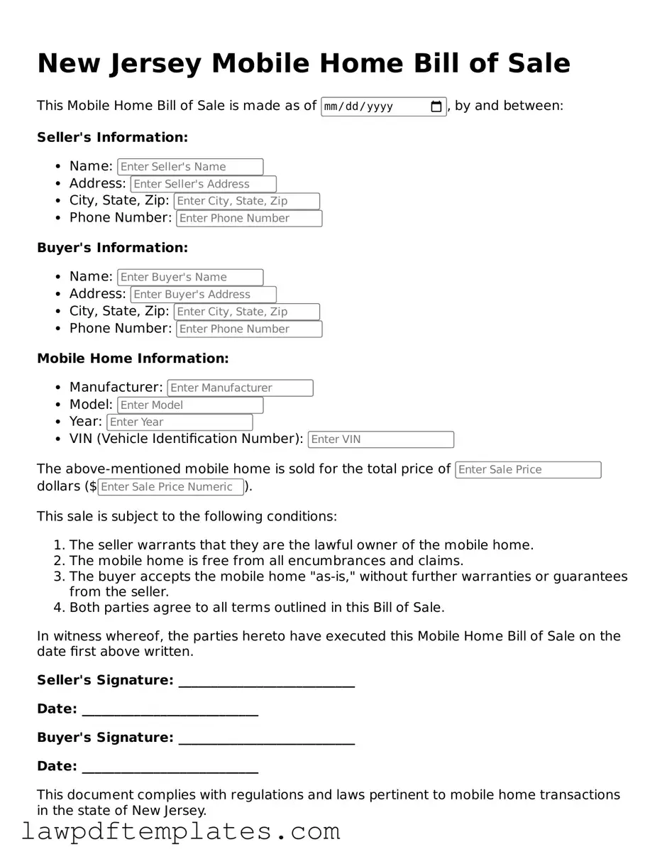 Free Mobile Home Bill of Sale Template for the State of New Jersey
